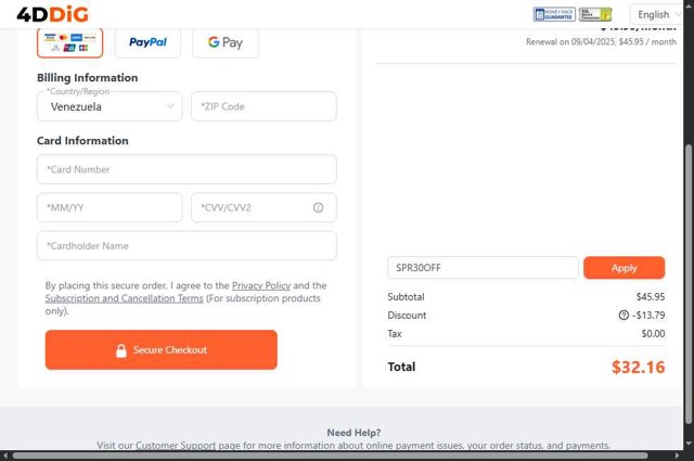 Tenorshare 4DDiG checkout page showing Tenorshare 4DDiG coupon code box | Screenshot taken by SimplyCodes community member on Aug 4, 2025