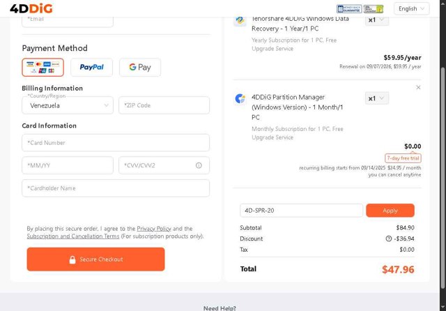 Tenorshare 4DDiG checkout page showing Tenorshare 4DDiG coupon code box | Screenshot taken by SimplyCodes community member on Sep 7, 2025