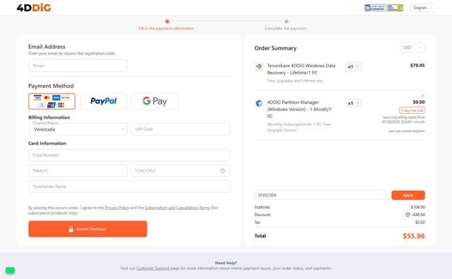 Tenorshare 4DDiG checkout page showing Tenorshare 4DDiG coupon code box | Screenshot taken by SimplyCodes community member on Jul 19, 2025