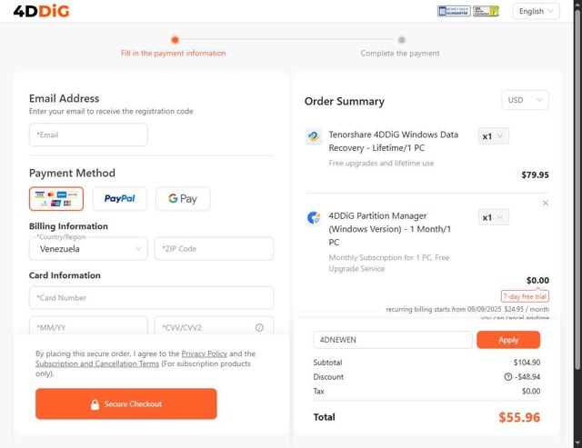 Tenorshare 4DDiG checkout page showing Tenorshare 4DDiG coupon code box | Screenshot taken by SimplyCodes community member on Sep 2, 2025