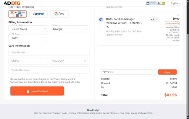 Tenorshare 4DDiG checkout page showing Tenorshare 4DDiG coupon code box | Screenshot taken by SimplyCodes community member on Jul 23, 2025