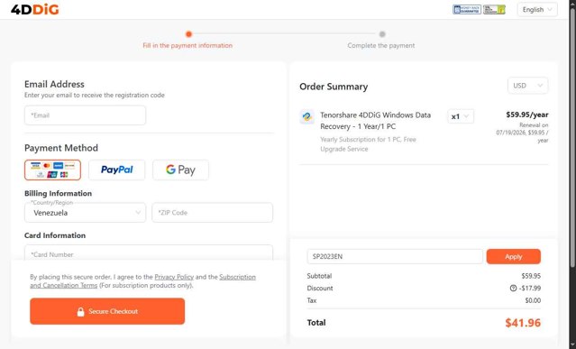 Tenorshare 4DDiG checkout page showing Tenorshare 4DDiG coupon code box | Screenshot taken by SimplyCodes community member on Jul 19, 2025