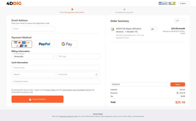 Tenorshare 4DDiG checkout page showing Tenorshare 4DDiG coupon code box | Screenshot taken by SimplyCodes community member on Aug 20, 2025