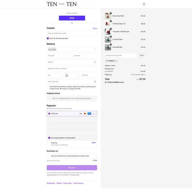tenoverten checkout page showing tenoverten promo code box | Screenshot taken by SimplyCodes community member on Sep 11, 2025