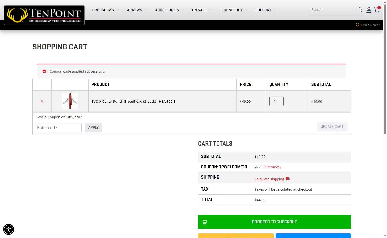 TenPoint Crossbow checkout page showing TenPoint Crossbow promo code box | Screenshot taken by SimplyCodes community member on Jan 13, 2026
