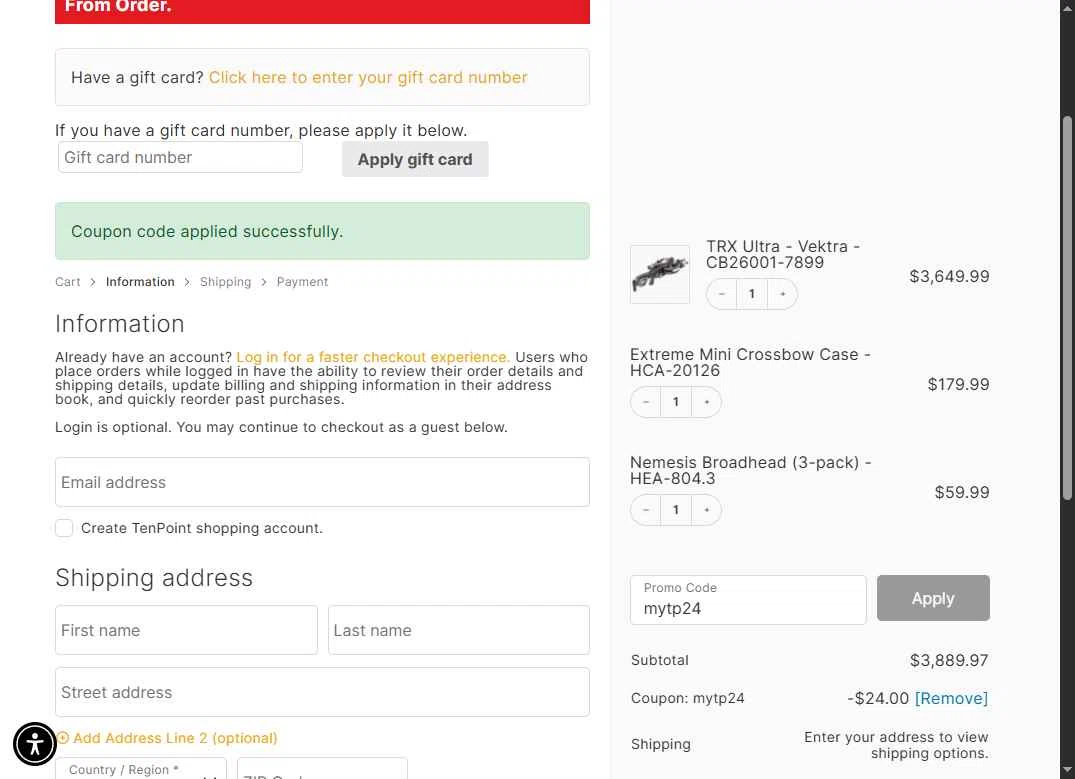 TenPoint Crossbow checkout page showing TenPoint Crossbow promo code box | Screenshot taken by SimplyCodes community member on Feb 8, 2026