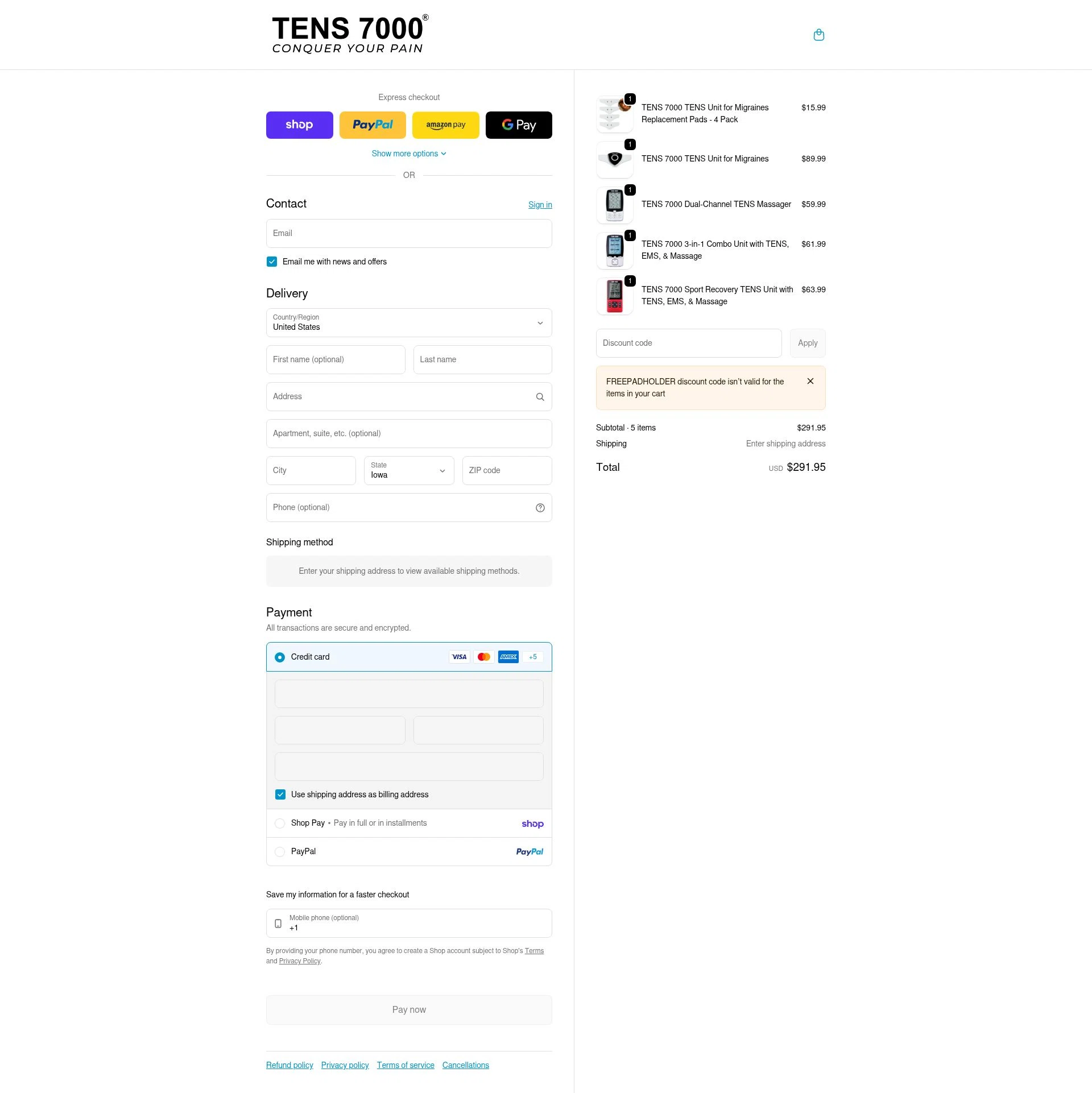 TENS 7000 checkout page showing TENS 7000 promo code box | Screenshot taken by SimplyCodes community member on Feb 11, 2026