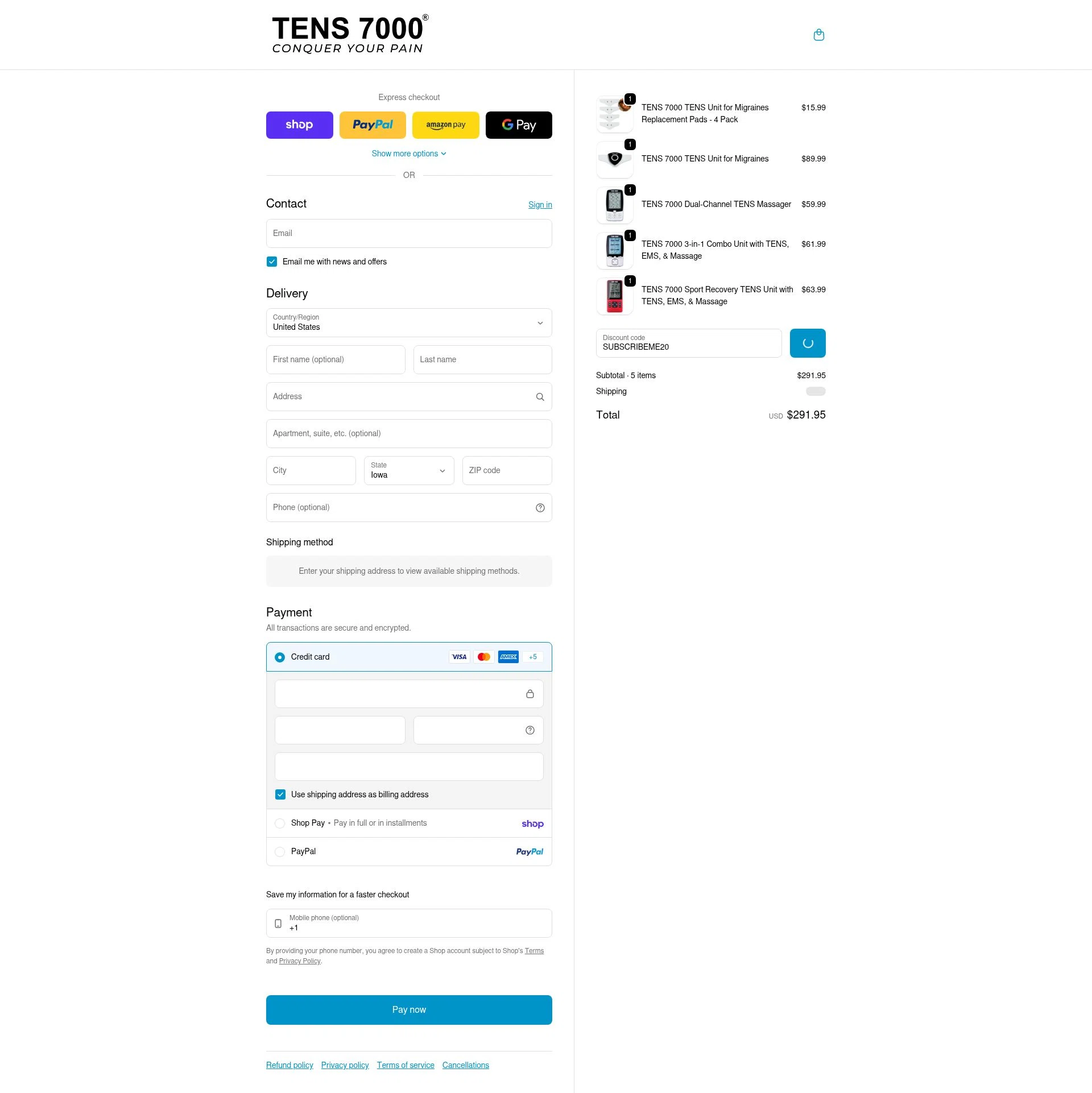 TENS 7000 checkout page showing TENS 7000 promo code box | Screenshot taken by SimplyCodes community member on Feb 11, 2026