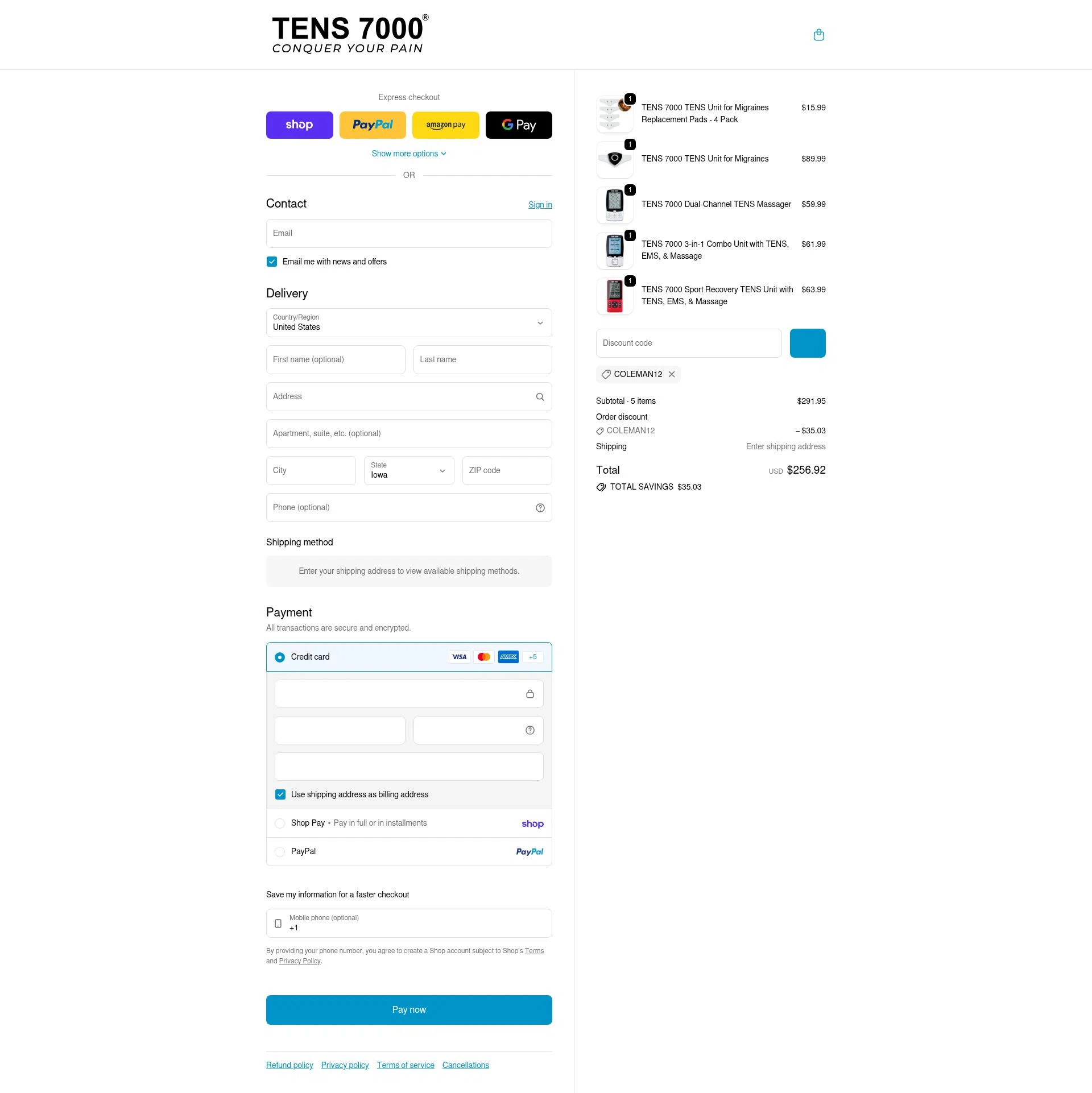 TENS 7000 checkout page showing TENS 7000 promo code box | Screenshot taken by SimplyCodes community member on Feb 11, 2026