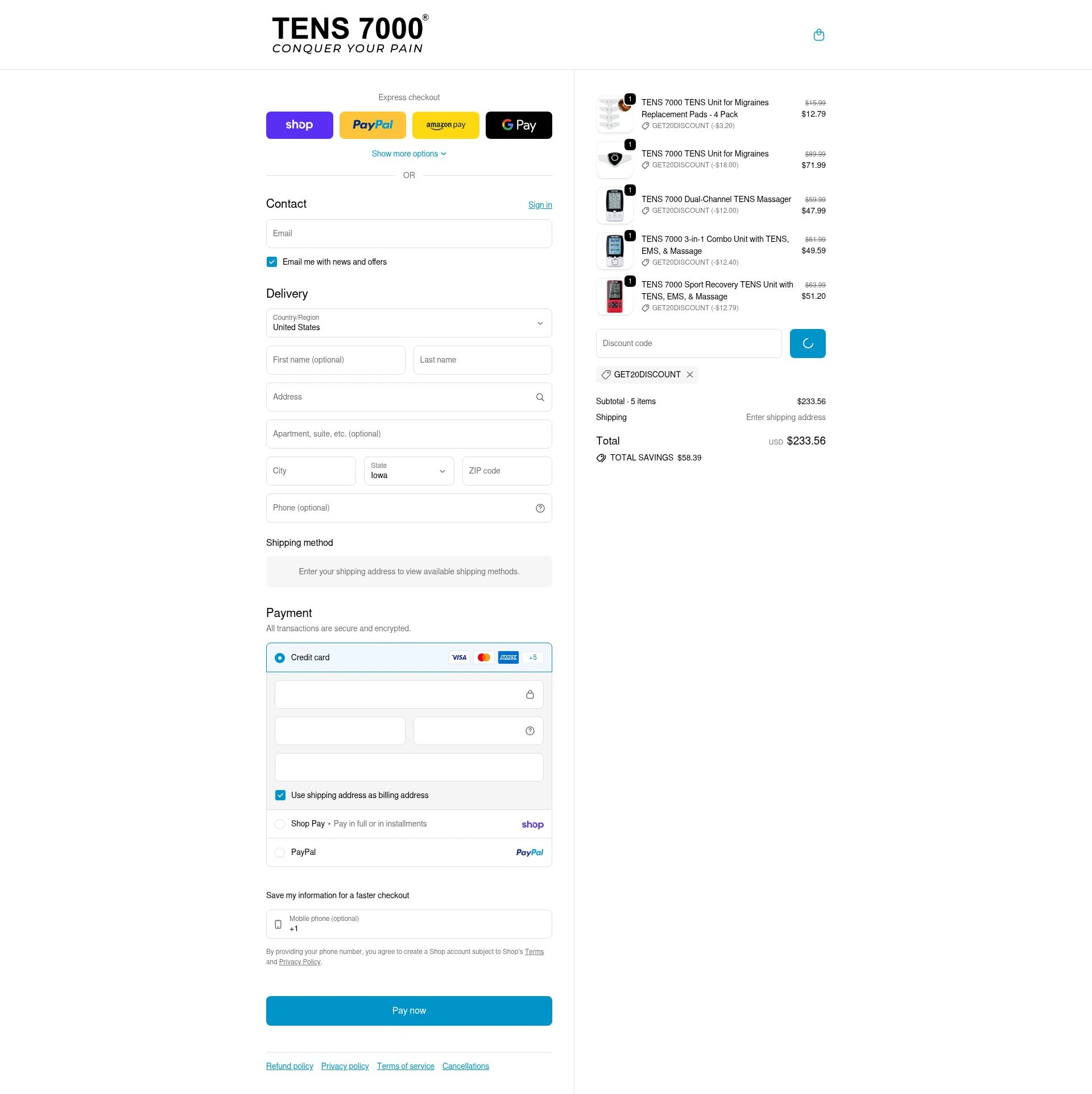 TENS 7000 checkout page showing TENS 7000 promo code box | Screenshot taken by SimplyCodes community member on Feb 11, 2026