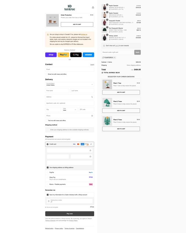 Tentree checkout page showing Tentree discount code box | Screenshot taken by SimplyCodes community member on Sep 2, 2025