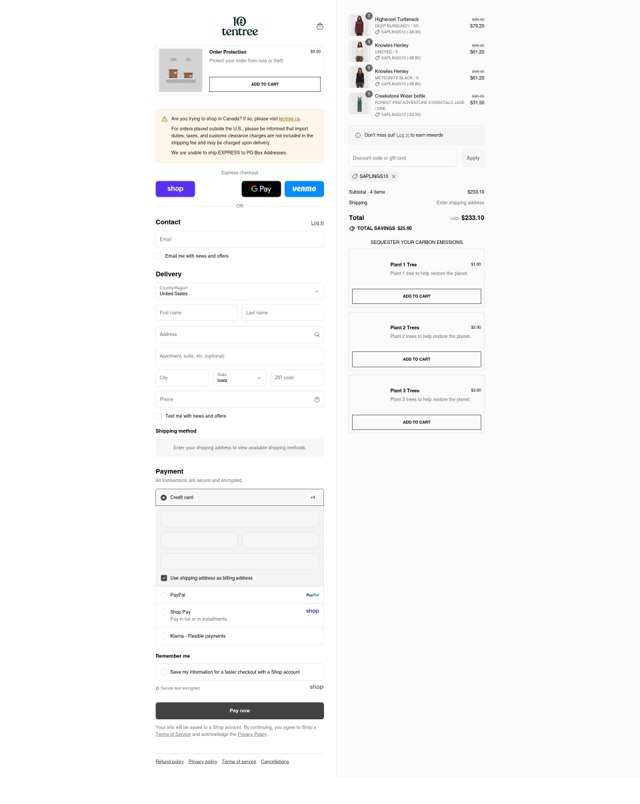 Tentree checkout page showing Tentree discount code box | Screenshot taken by SimplyCodes community member on Aug 29, 2025