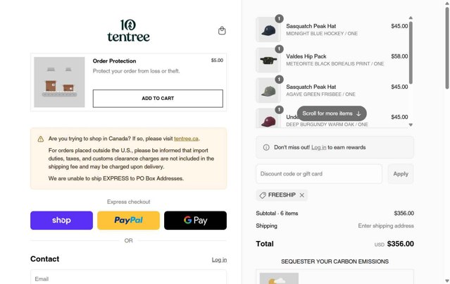 Tentree checkout page showing Tentree discount code box | Screenshot taken by SimplyCodes community member on Sep 4, 2025