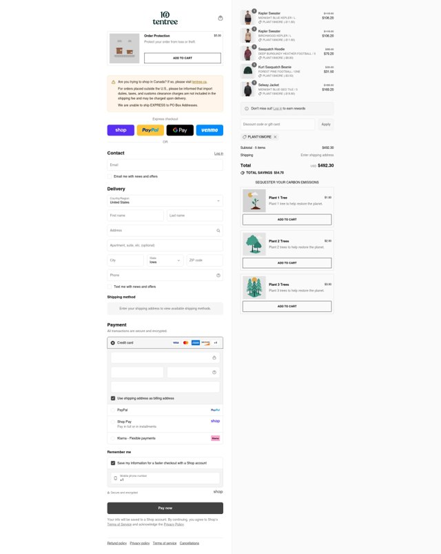 Tentree checkout page showing Tentree discount code box | Screenshot taken by SimplyCodes community member on Sep 2, 2025