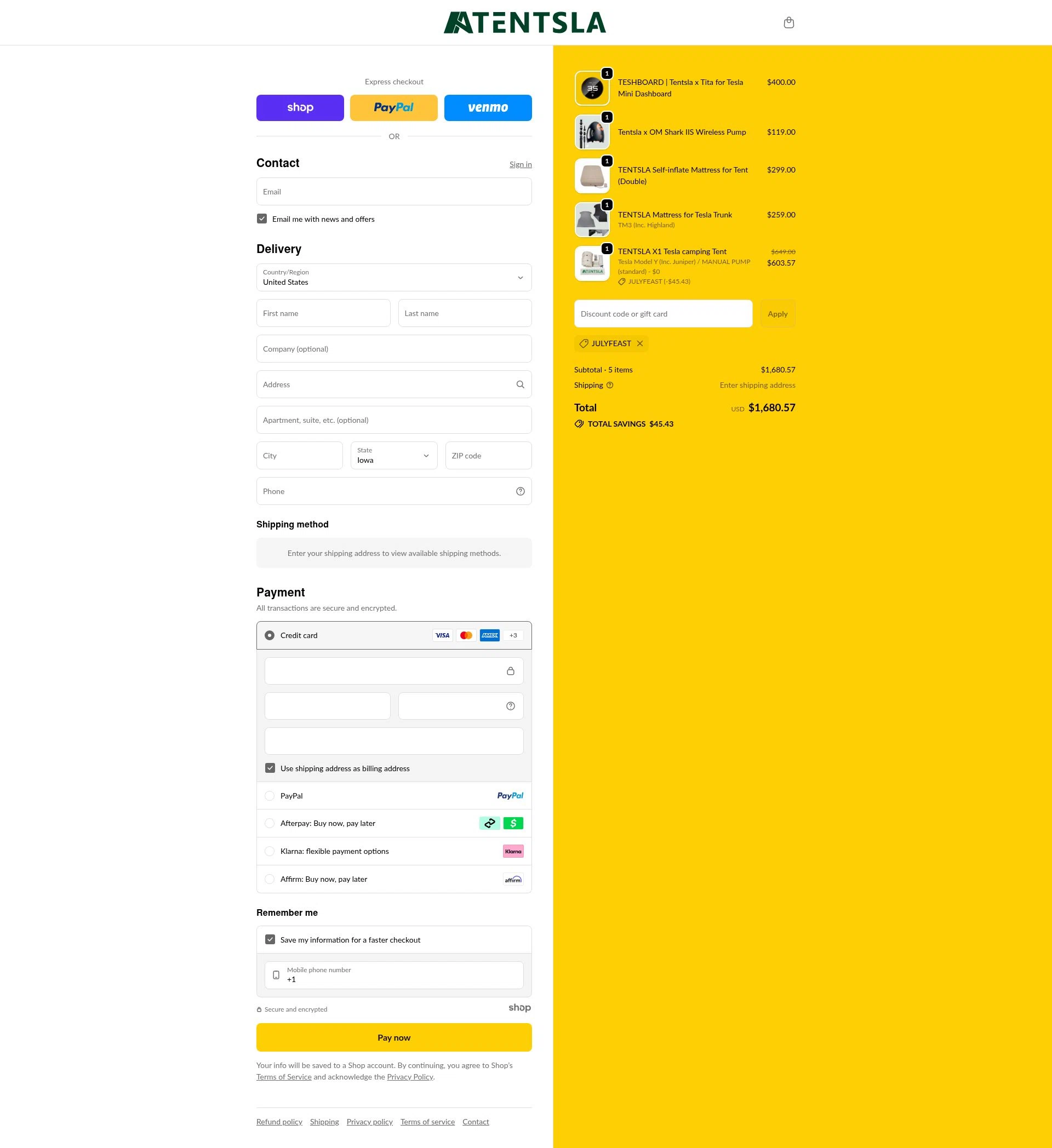Tentsla checkout page showing Tentsla promo code box | Screenshot taken by SimplyCodes community member on Dec 23, 2025