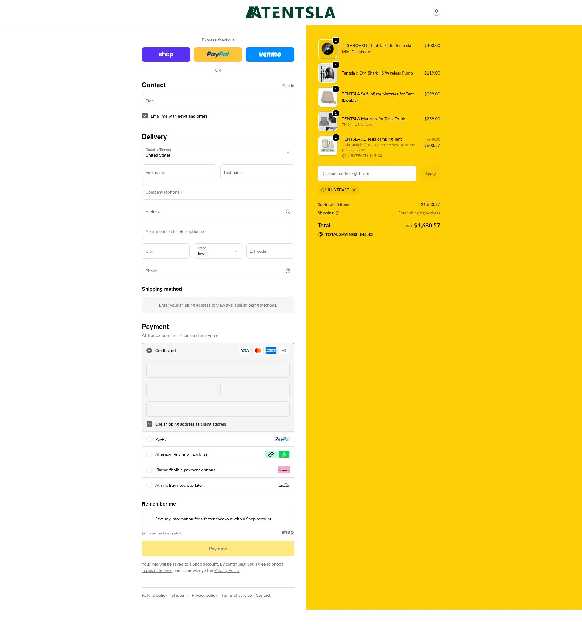 Tentsla checkout page showing Tentsla promo code box | Screenshot taken by SimplyCodes community member on Dec 11, 2025
