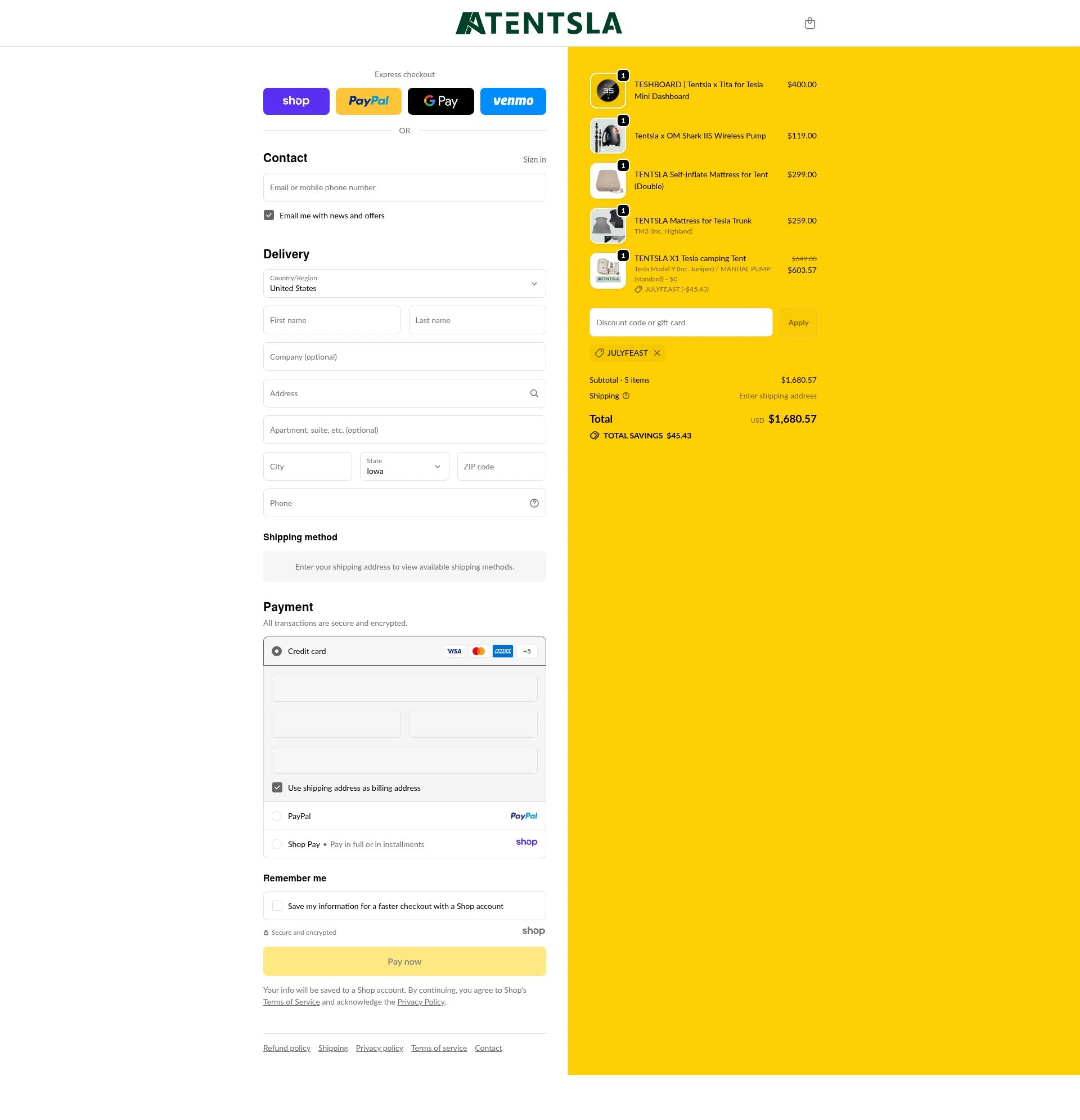 Tentsla checkout page showing Tentsla promo code box | Screenshot taken by SimplyCodes community member on Nov 25, 2025