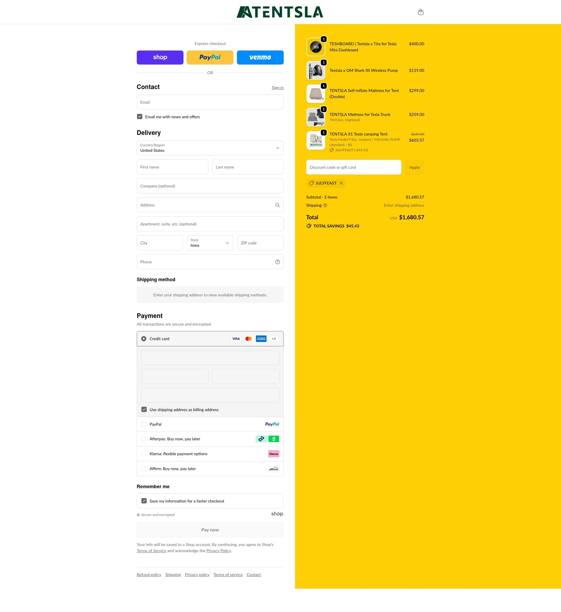 Tentsla checkout page showing Tentsla promo code box | Screenshot taken by SimplyCodes community member on Dec 28, 2025