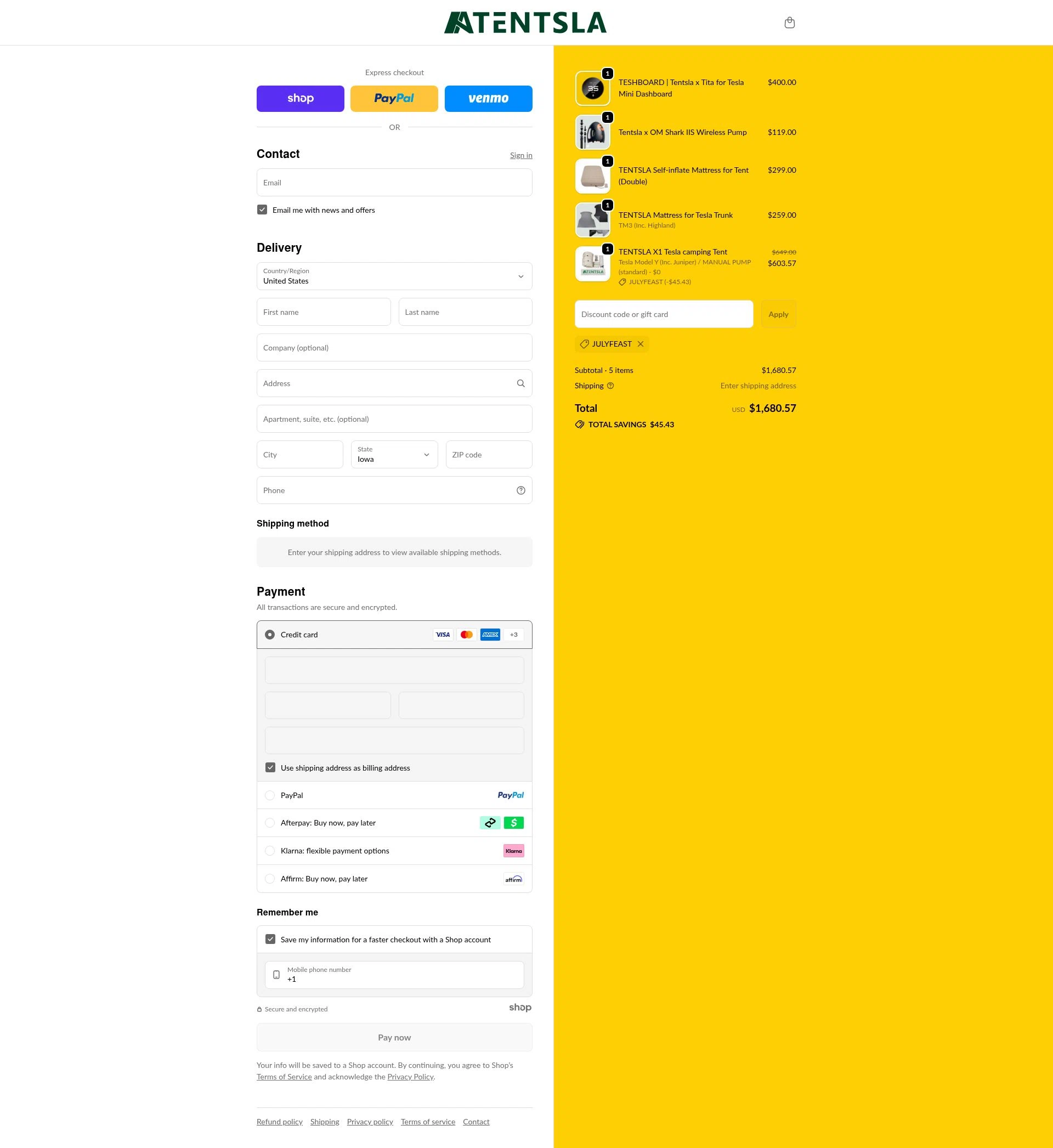 Tentsla checkout page showing Tentsla promo code box | Screenshot taken by SimplyCodes community member on Dec 5, 2025