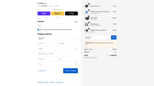 Tenways checkout page showing Tenways discount code box | Screenshot taken by SimplyCodes community member on Sep 15, 2025