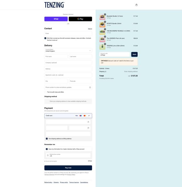TENZING Natural Energy checkout page showing TENZING Natural Energy promo code box | Screenshot taken by SimplyCodes community member on Sep 15, 2025