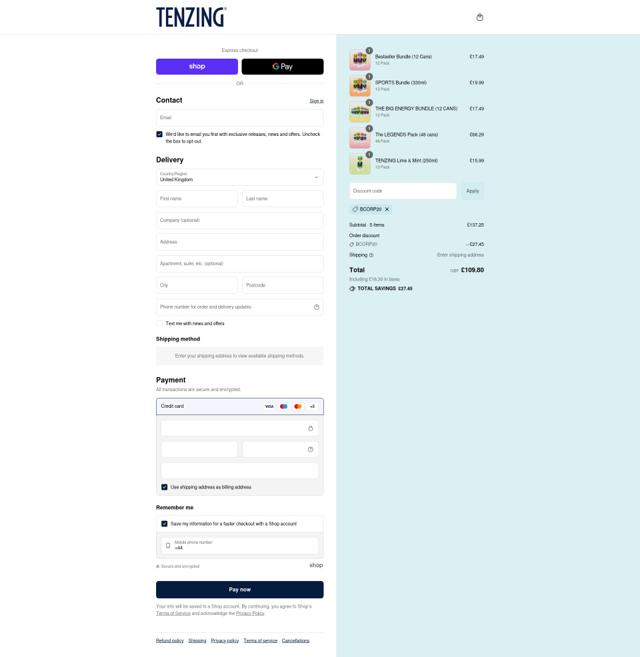 TENZING Natural Energy checkout page showing TENZING Natural Energy promo code box | Screenshot taken by SimplyCodes community member on Sep 15, 2025