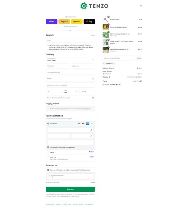 Tenzo Tea checkout page showing Tenzo Tea discount code box | Screenshot taken by SimplyCodes community member on Sep 9, 2025