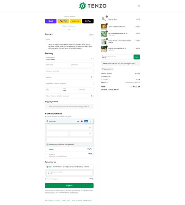 Tenzo Tea checkout page showing Tenzo Tea discount code box | Screenshot taken by SimplyCodes community member on Sep 9, 2025