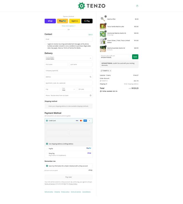 Tenzo Tea checkout page showing Tenzo Tea discount code box | Screenshot taken by SimplyCodes community member on Sep 9, 2025