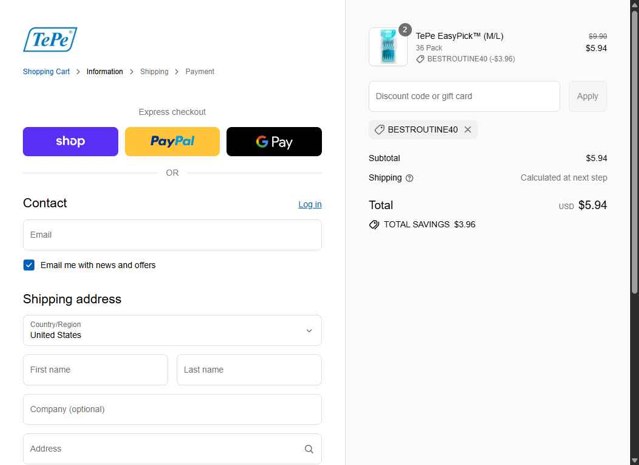 TePe USA checkout page showing TePe USA promo code box | Screenshot taken by SimplyCodes community member on Sep 8, 2025