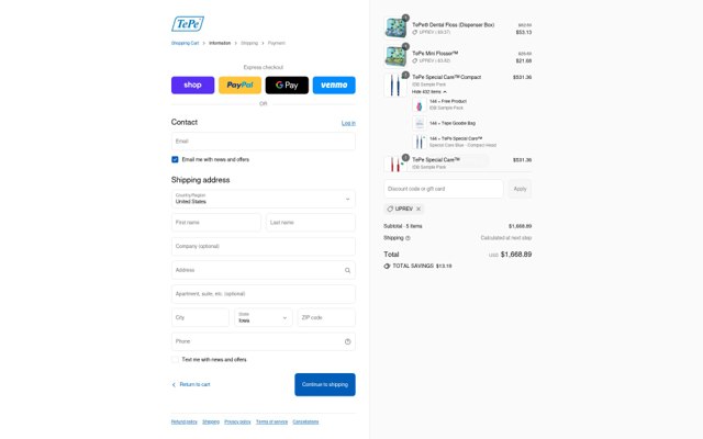 TePe USA checkout page showing TePe USA promo code box | Screenshot taken by SimplyCodes community member on Sep 7, 2025