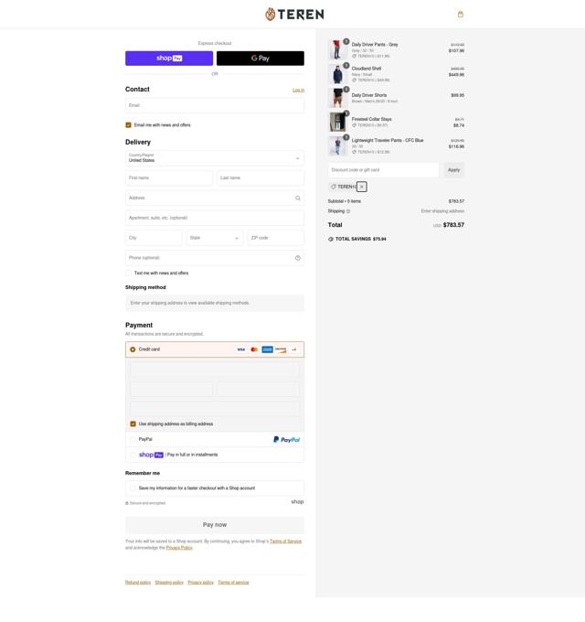 TEREN Designs checkout page showing TEREN Designs promo code box | Screenshot taken by SimplyCodes community member on Jan 2, 2025