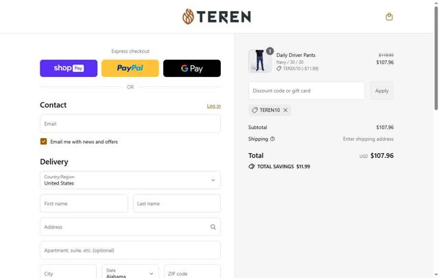 TEREN Designs checkout page showing TEREN Designs promo code box | Screenshot taken by SimplyCodes community member on Jul 31, 2025