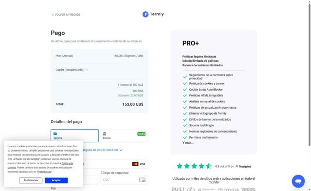Termly checkout page showing Termly promo code box | Screenshot taken by SimplyCodes community member on Jul 14, 2025