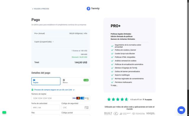 Termly checkout page showing Termly promo code box | Screenshot taken by SimplyCodes community member on Jul 14, 2025