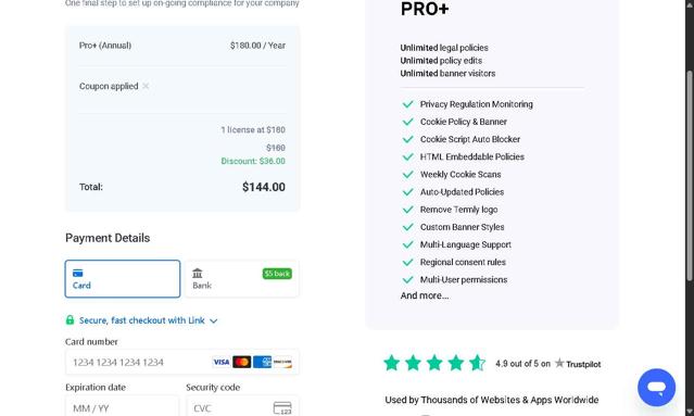 Termly checkout page showing Termly promo code box | Screenshot taken by SimplyCodes community member on Aug 12, 2025