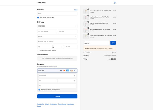 Terp Boys checkout page showing Terp Boys discount code box | Screenshot taken by SimplyCodes community member on Aug 26, 2025