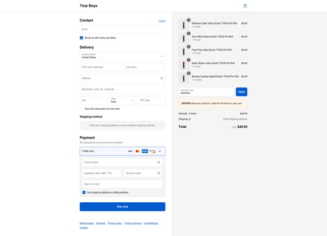 Terp Boys checkout page showing Terp Boys discount code box | Screenshot taken by SimplyCodes community member on Aug 26, 2025