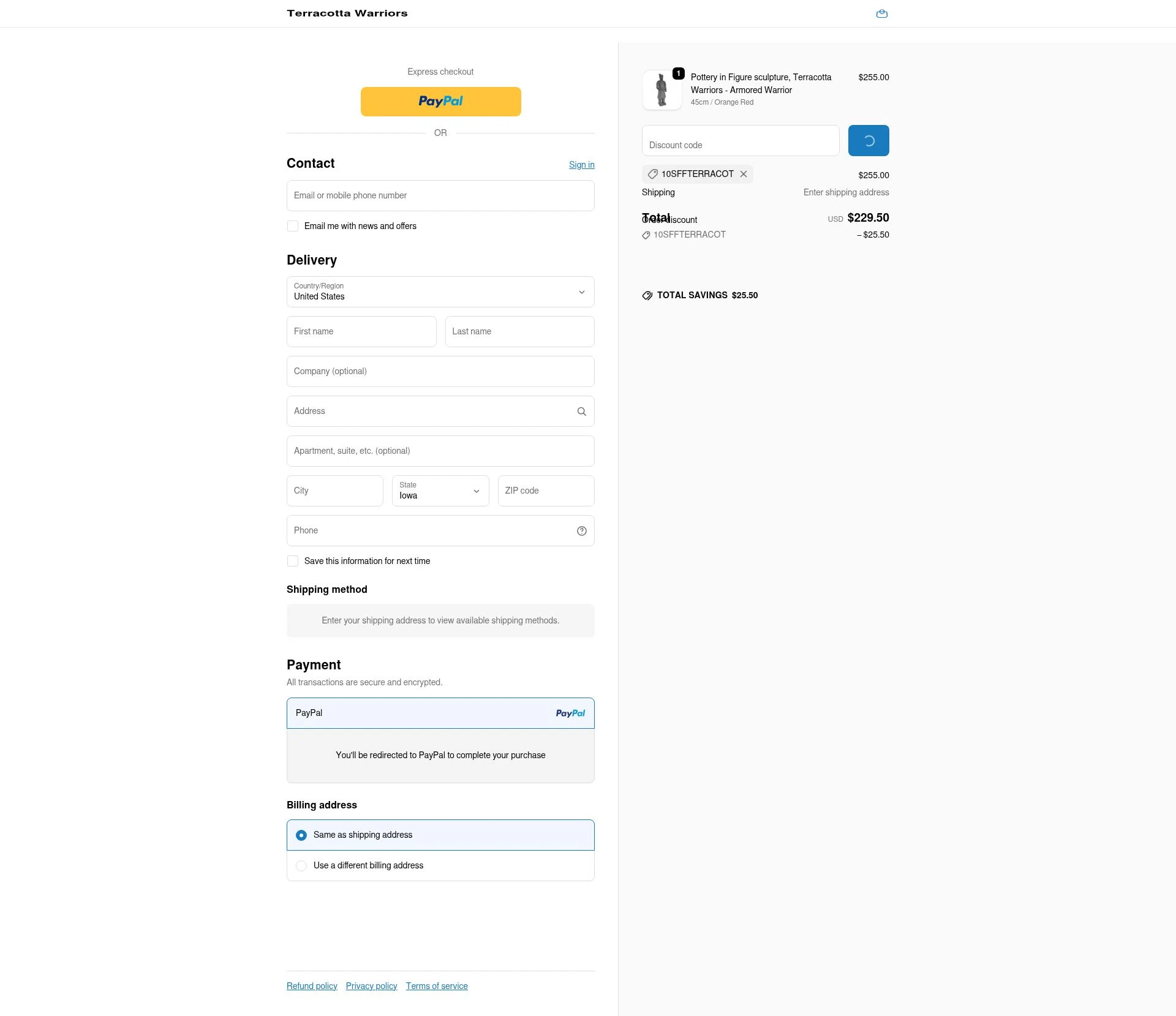 Terracotta Warriors checkout page showing Terracotta Warriors promo code box | Screenshot taken by SimplyCodes community member on Feb 3, 2026