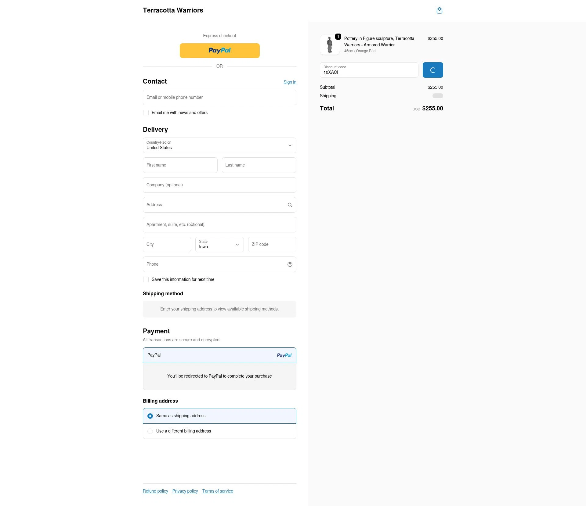 Terracotta Warriors checkout page showing Terracotta Warriors promo code box | Screenshot taken by SimplyCodes community member on Feb 3, 2026