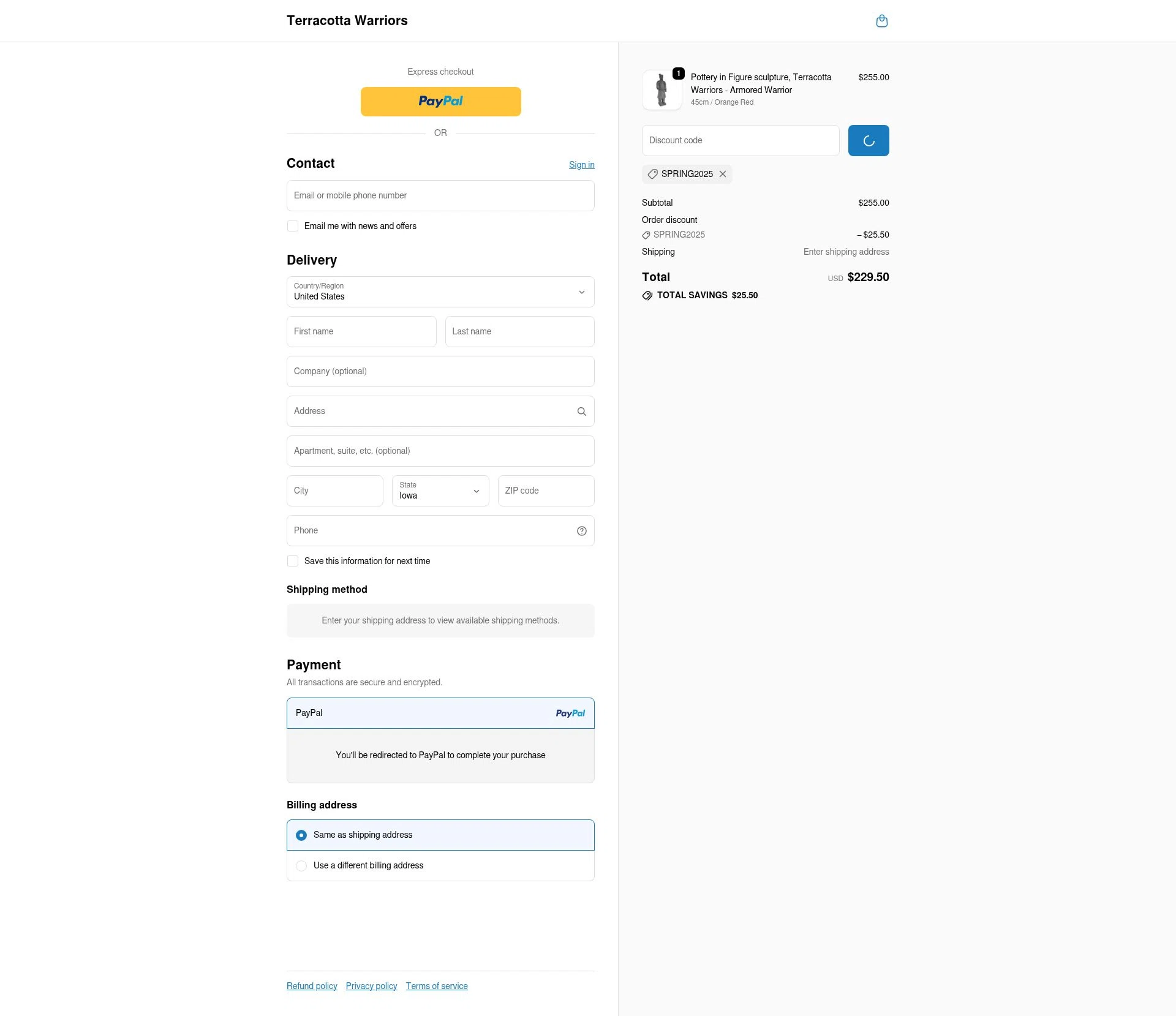 Terracotta Warriors checkout page showing Terracotta Warriors promo code box | Screenshot taken by SimplyCodes community member on Feb 3, 2026