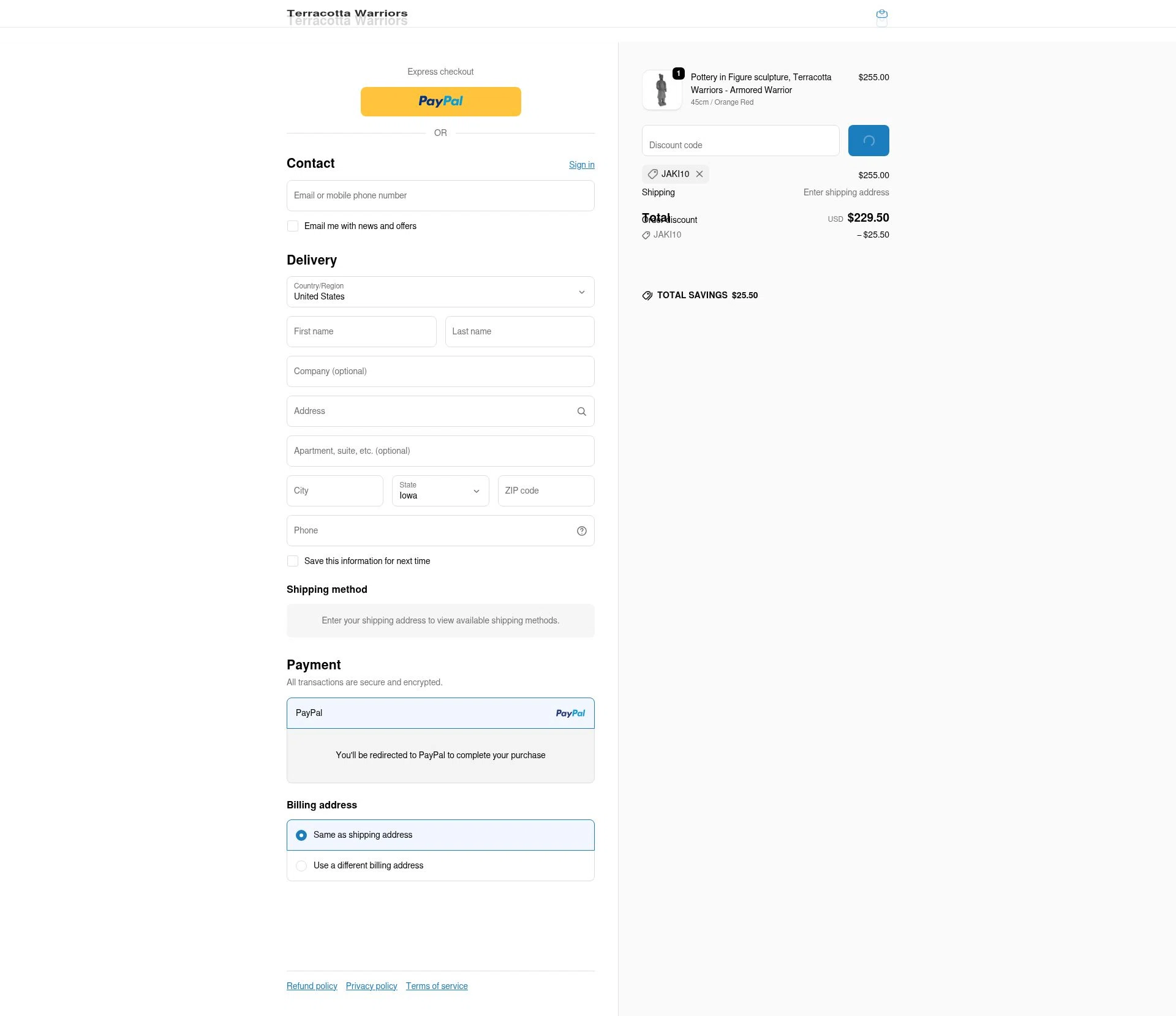 Terracotta Warriors checkout page showing Terracotta Warriors promo code box | Screenshot taken by SimplyCodes community member on Feb 3, 2026
