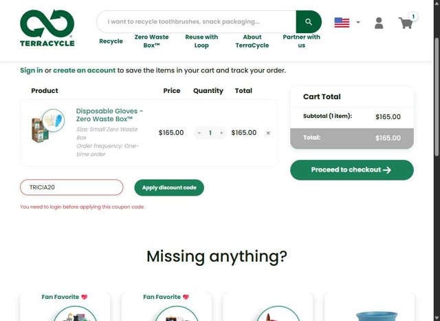 TerraCycle checkout page showing TerraCycle discount code box | Screenshot taken by SimplyCodes community member on Aug 3, 2025