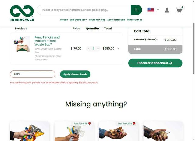 TerraCycle checkout page showing TerraCycle discount code box | Screenshot taken by SimplyCodes community member on Sep 25, 2025