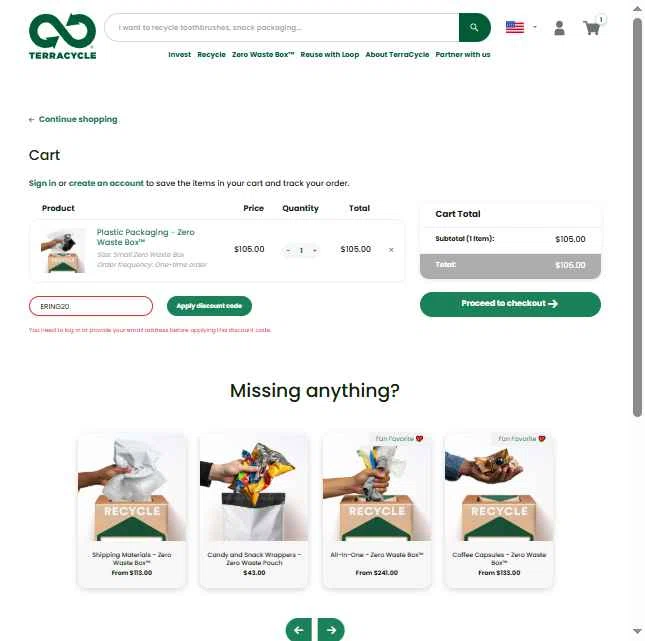 TerraCycle checkout page showing TerraCycle discount code box | Screenshot taken by SimplyCodes community member on Dec 21, 2025