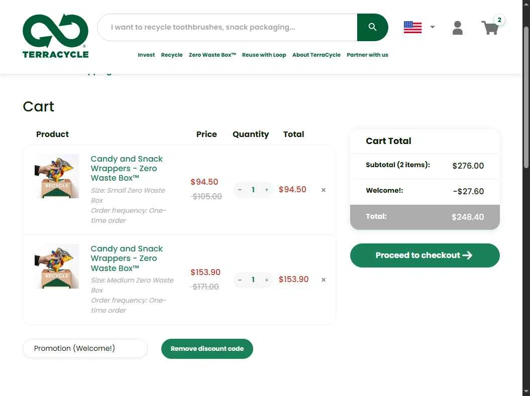 TerraCycle checkout page showing TerraCycle discount code box | Screenshot taken by SimplyCodes community member on Feb 10, 2026