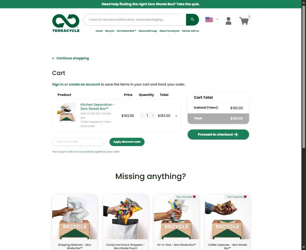 TerraCycle checkout page showing TerraCycle discount code box | Screenshot taken by SimplyCodes community member on Jan 22, 2026