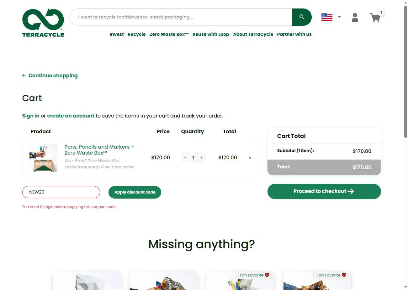 TerraCycle checkout page showing TerraCycle discount code box | Screenshot taken by SimplyCodes community member on Dec 4, 2025