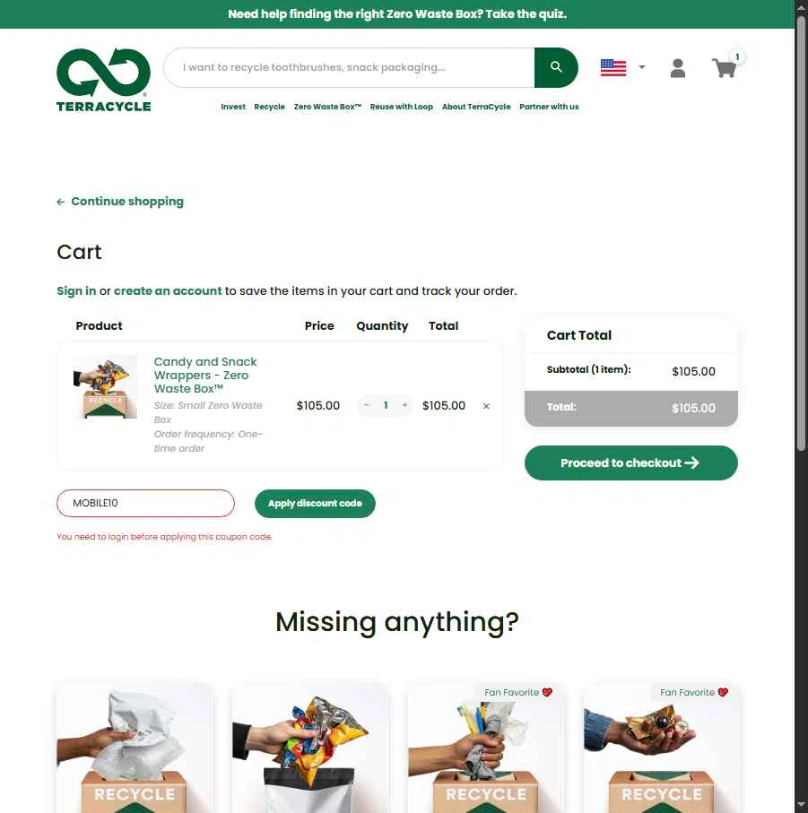 TerraCycle checkout page showing TerraCycle discount code box | Screenshot taken by SimplyCodes community member on Jan 27, 2026