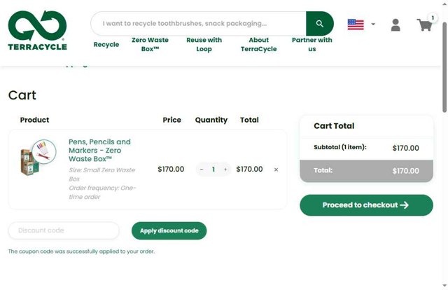 TerraCycle checkout page showing TerraCycle discount code box | Screenshot taken by SimplyCodes community member on Aug 10, 2025